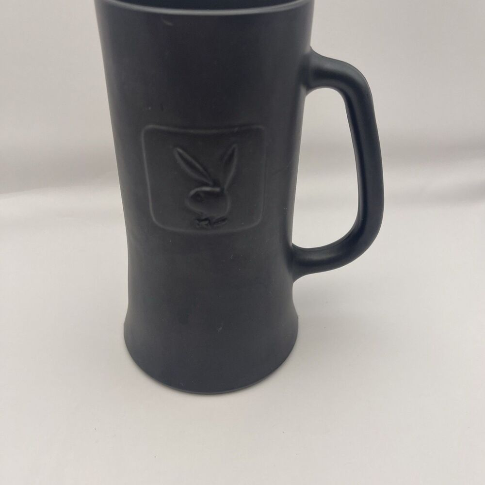Playboy Black Beer Mug Stein Embossed Bunny Logo Tall Ceramic Cup, Used